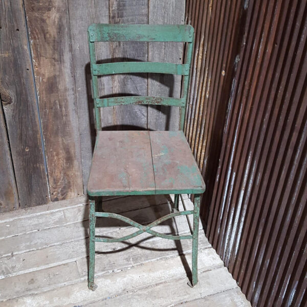 Vintage Metal Frame & Wooden Seat Green Chair