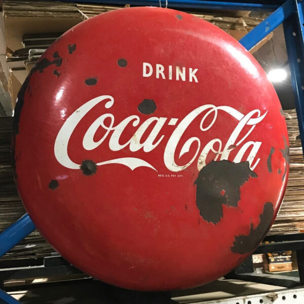 Vintage 2ft Drink Coca Cola Enamel Button Sign