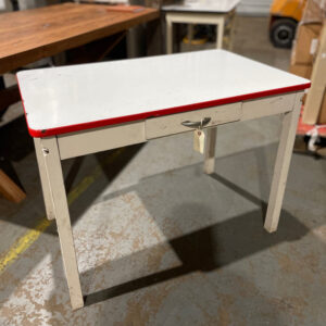 White Enamel Topped Table with Red Edge