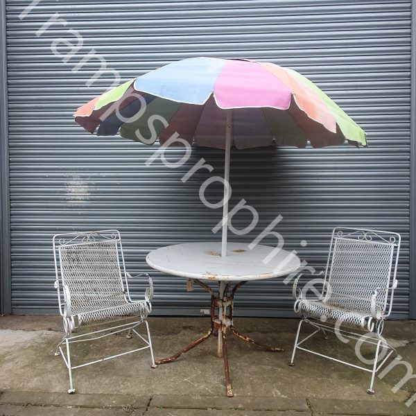 White Metal Garden Table, Chairs and Umbrella Set