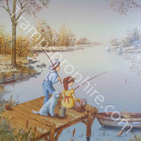 Framed Fishing Scene Painting