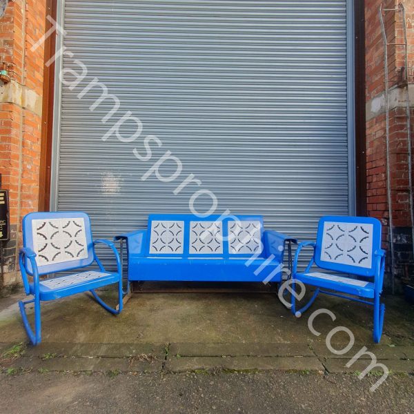 3 Piece Metal Blue & White Garden Seat Set